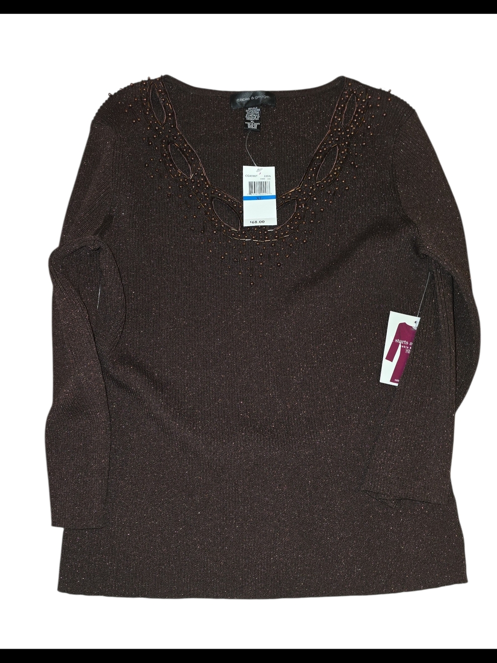 Cable & Gauge Brown Metallic Beaded Scoop Neck Sweater Top
